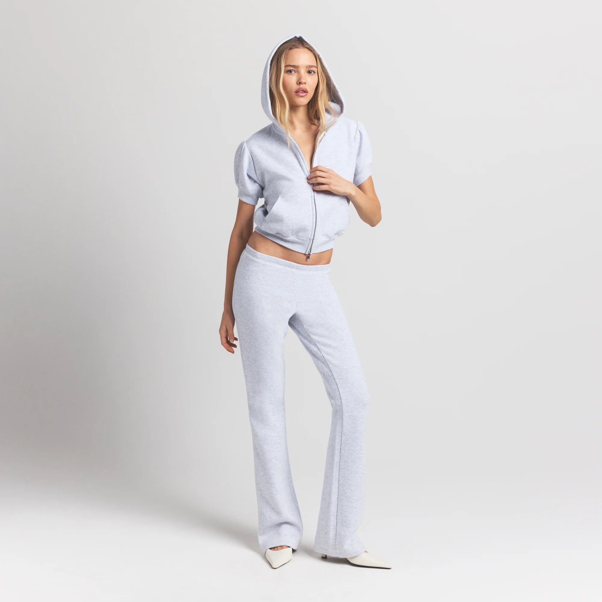 COTTON FLEECE BUBBLE SLEEVE CROPPED ZIP UP | LIGHT HEATHER GREY